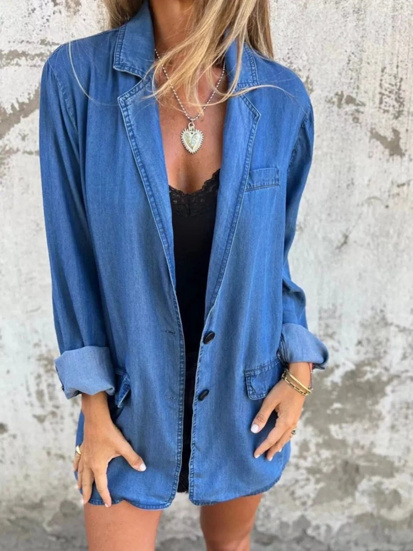 Full Size Button Down Denim Blazer Plus Size by Trendsi