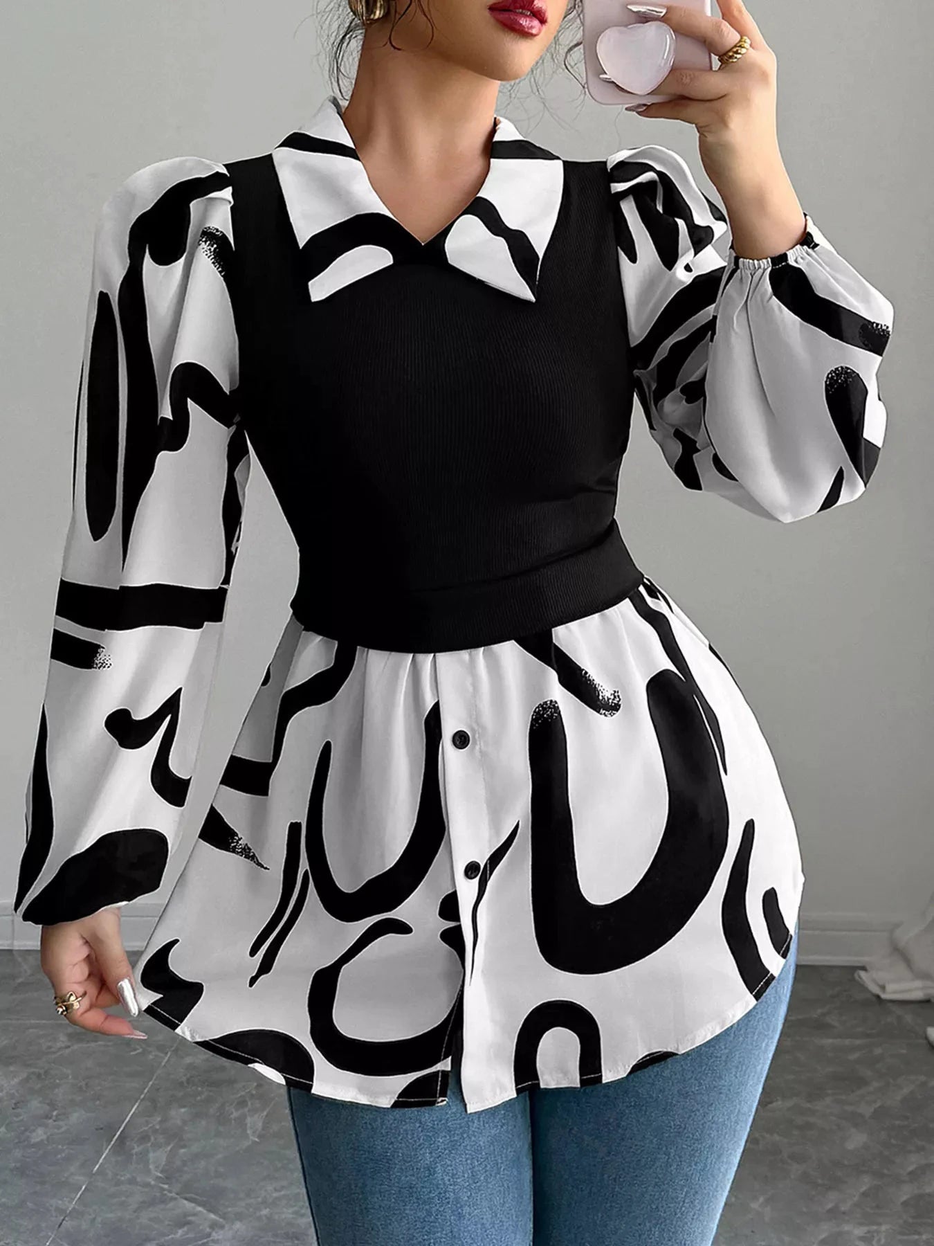 Abstract Print Long Sleeve Blouse by Trendsi