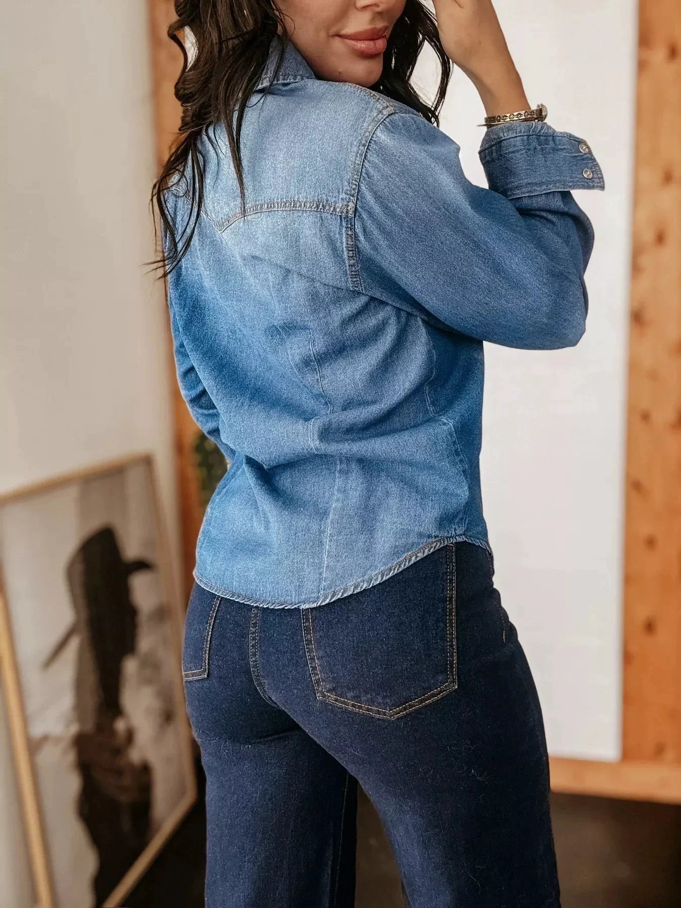 Washed Button Down Denim Shirt by Trendsi