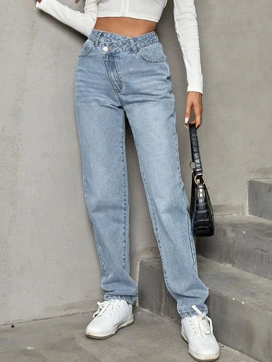 Asymmetrical Waist Straight Leg Jeans by Trendsi