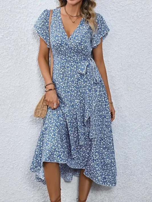 Floral Print Ruffle Hem Wrap Midi Dress by Trendsi