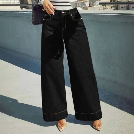 Womens Stylish Casual Black Wide-leg Jeans by AdTec