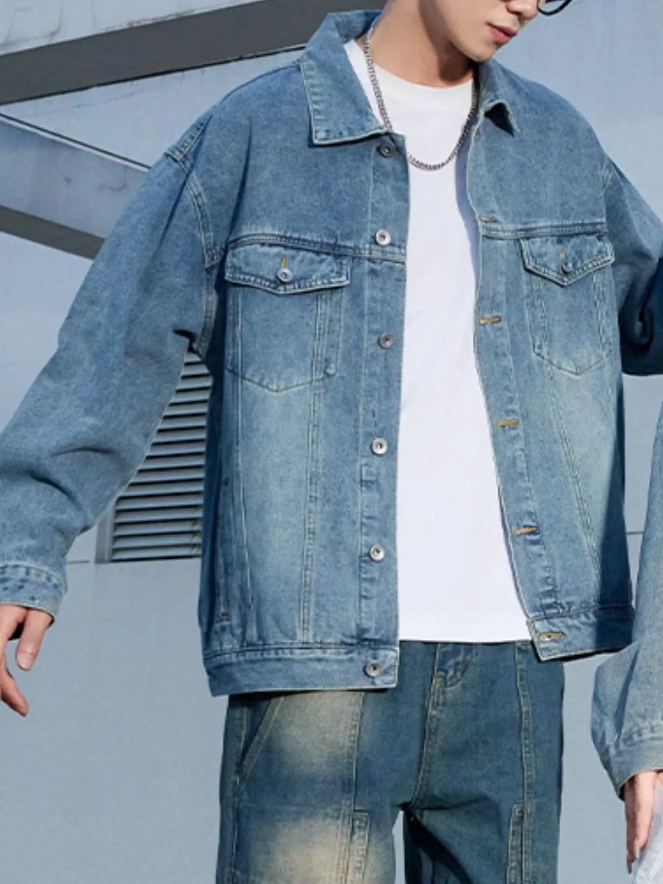 Men's Button Up Long Sleeve Denim Jacket by Trendsi