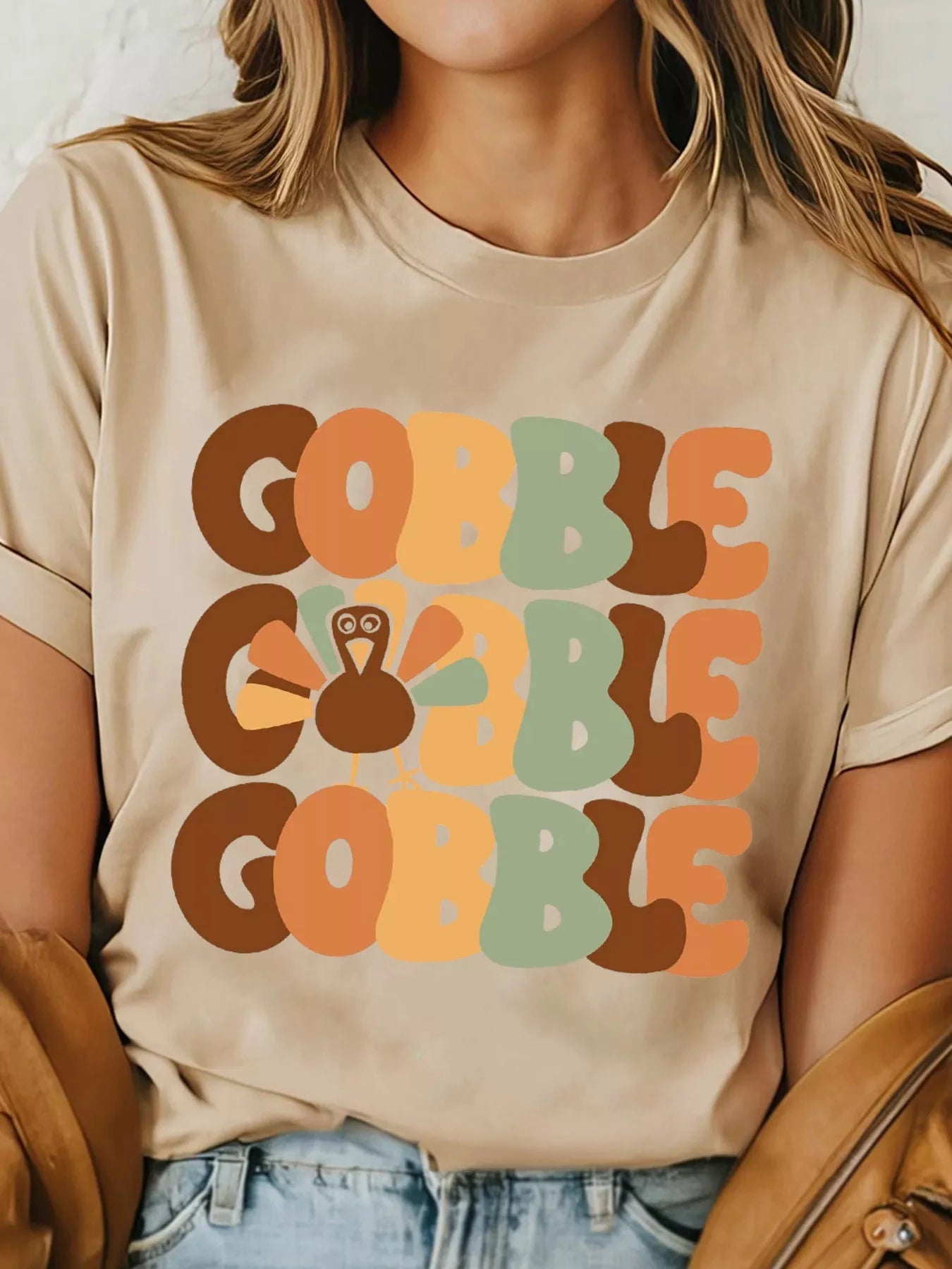 GOBBLE Turkey Graphic Thanksgiving Round Neck Tee by Trendsi