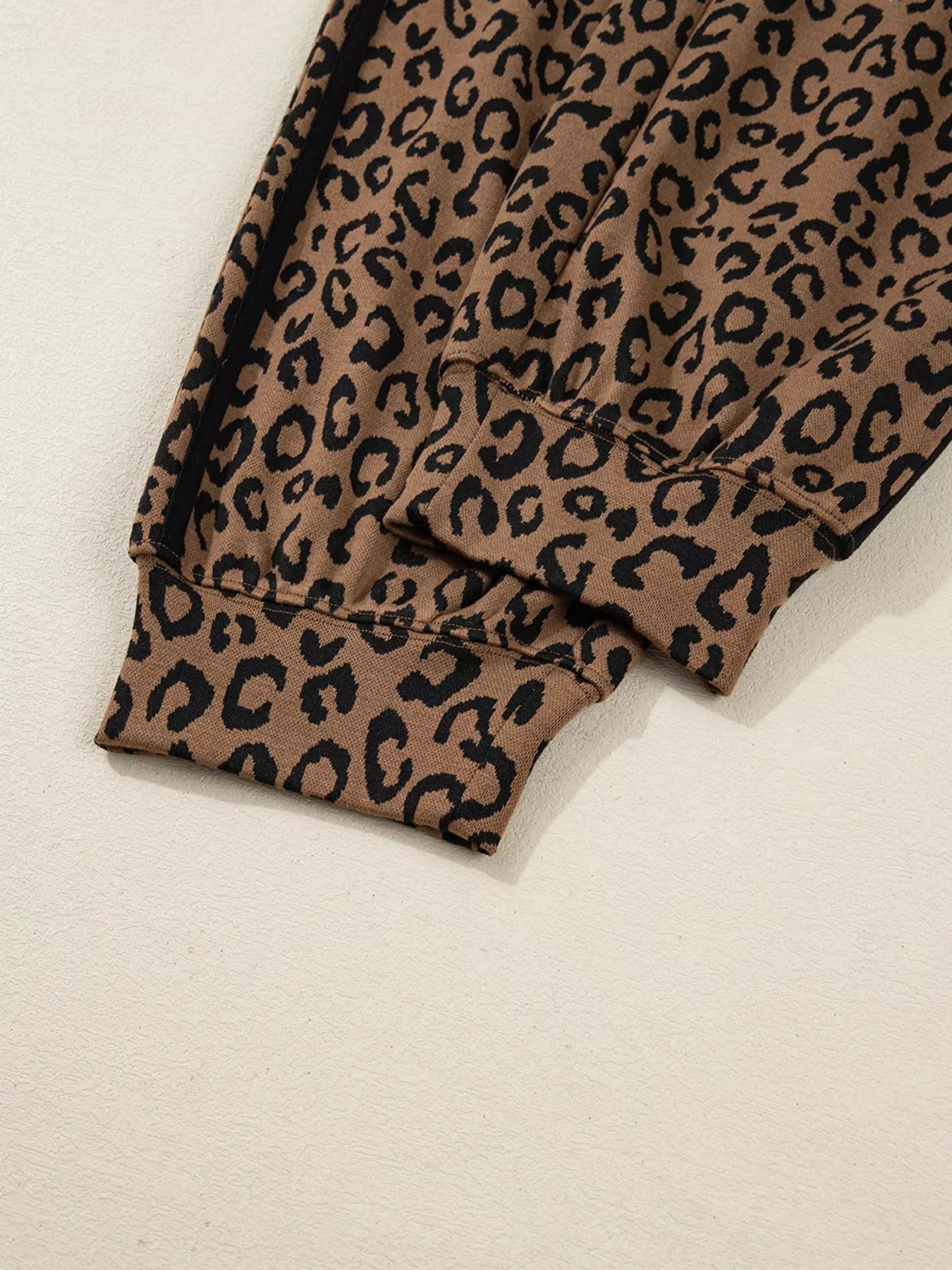 Striped Trim Leopard Long Sleeve Top Drawstring Pant Set by Trendsi