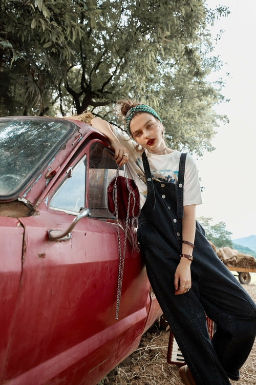 Solid Pure High Waist Washed Casual Overall Denim Jeans Women