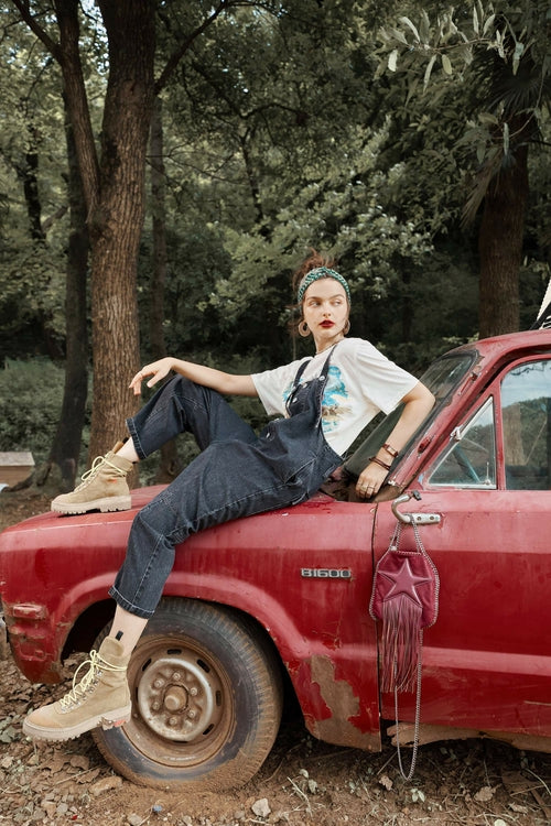 Solid Pure High Waist Washed Casual Overall Denim Jeans Women