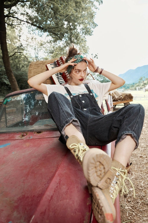 Solid Pure High Waist Washed Casual Overall Denim Jeans Women